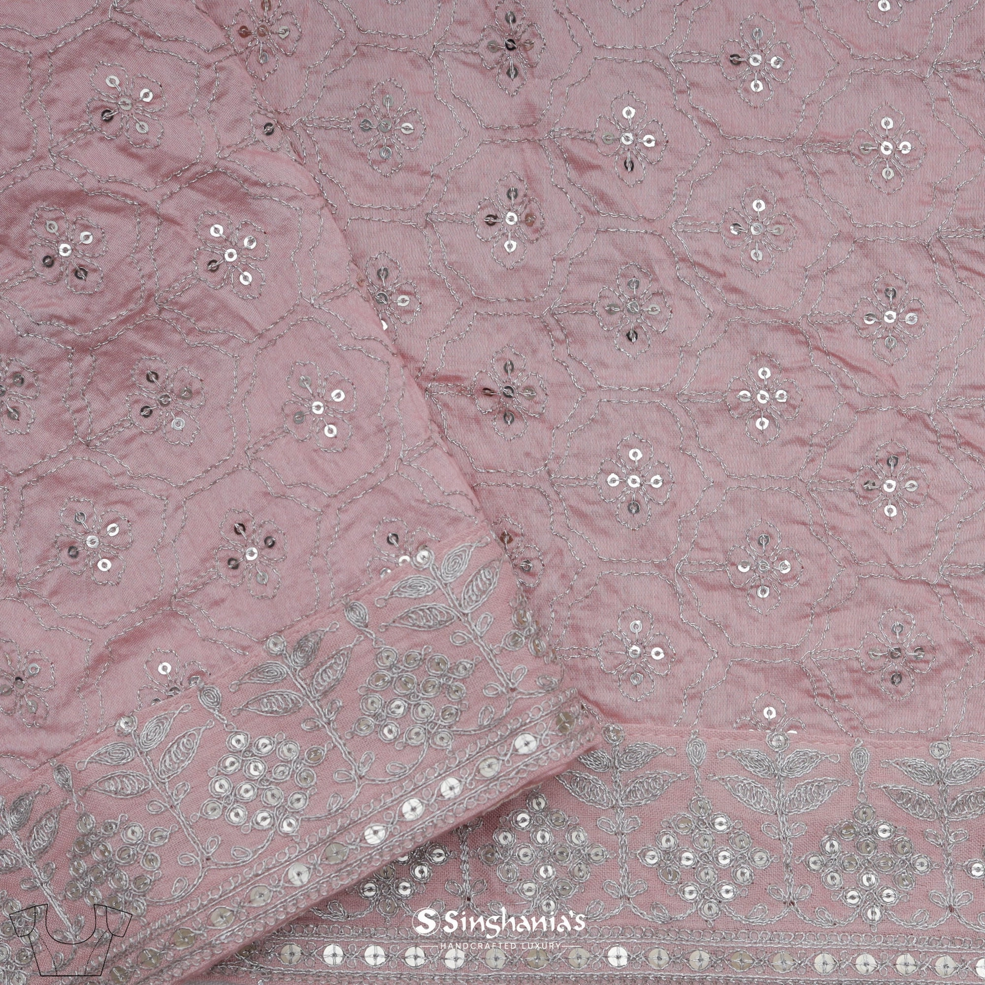 Pale Blush Pink Printed Organza Saree Floral Paisley