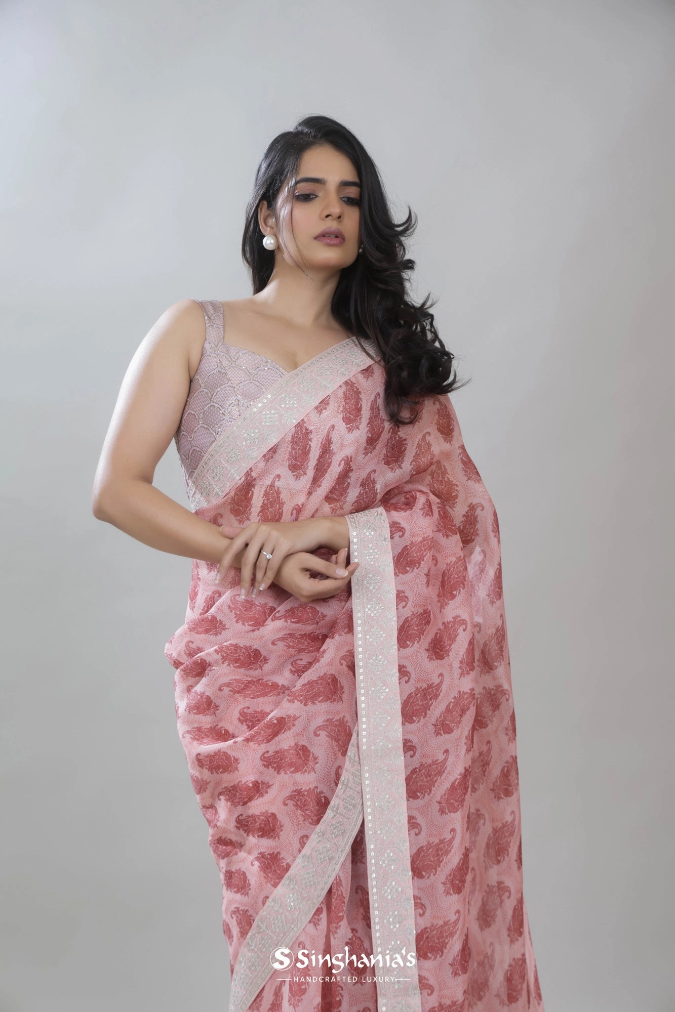 Pale Blush Pink Printed Organza Saree Floral Paisley