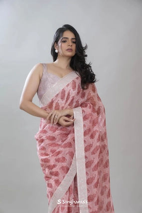 Pale Blush Pink Printed Organza Saree Floral Paisley