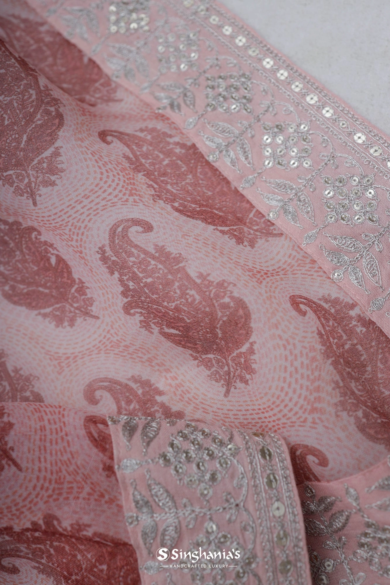 Pale Blush Pink Printed Organza Saree Floral Paisley