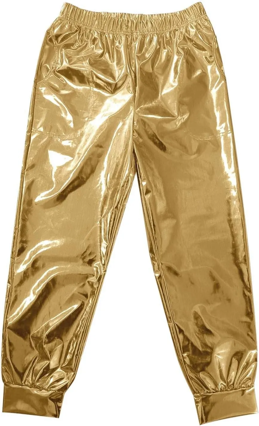 Pants for Women Shiny Metallic Summer Loose Slacks Trendy Hip Hop Dance Elastic High Waist Casual Ankle Trousers