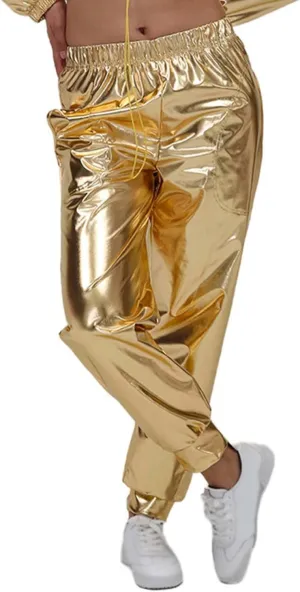 Pants for Women Shiny Metallic Summer Loose Slacks Trendy Hip Hop Dance Elastic High Waist Casual Ankle Trousers