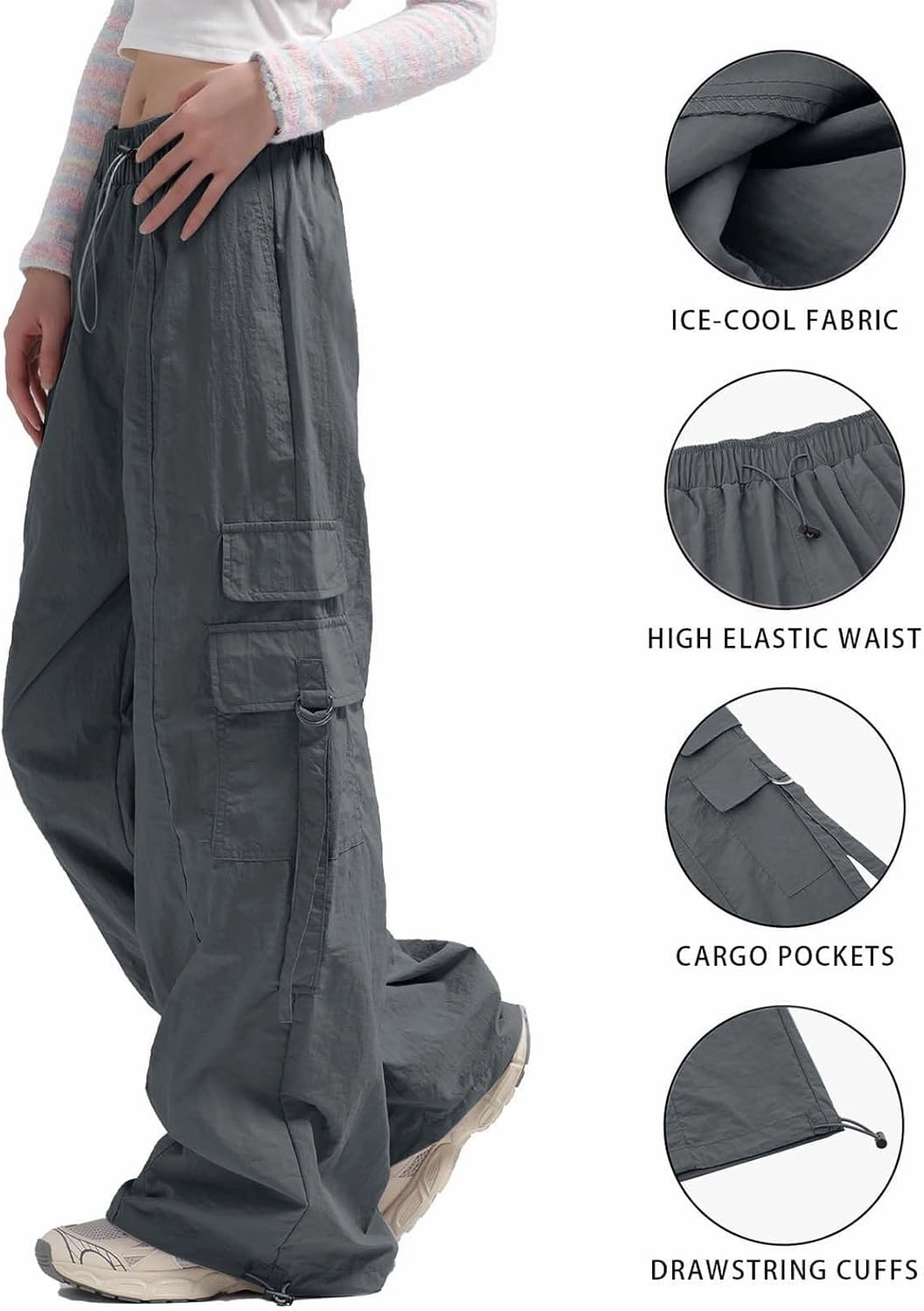 Parachute Pants for Women Wide Leg Cargo Pants Y2K Streetwear Casual Elastic Waist Hiking Trousers with Pockets