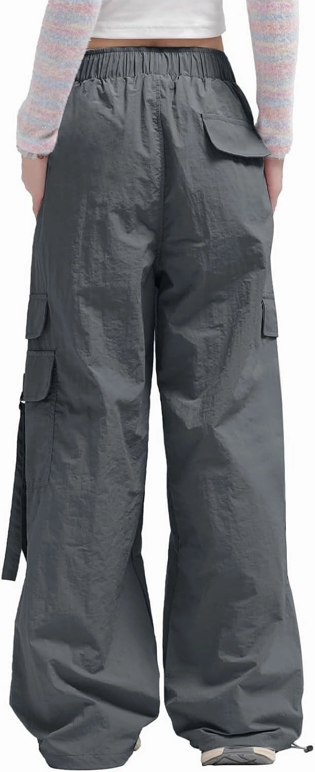 Parachute Pants for Women Wide Leg Cargo Pants Y2K Streetwear Casual Elastic Waist Hiking Trousers with Pockets