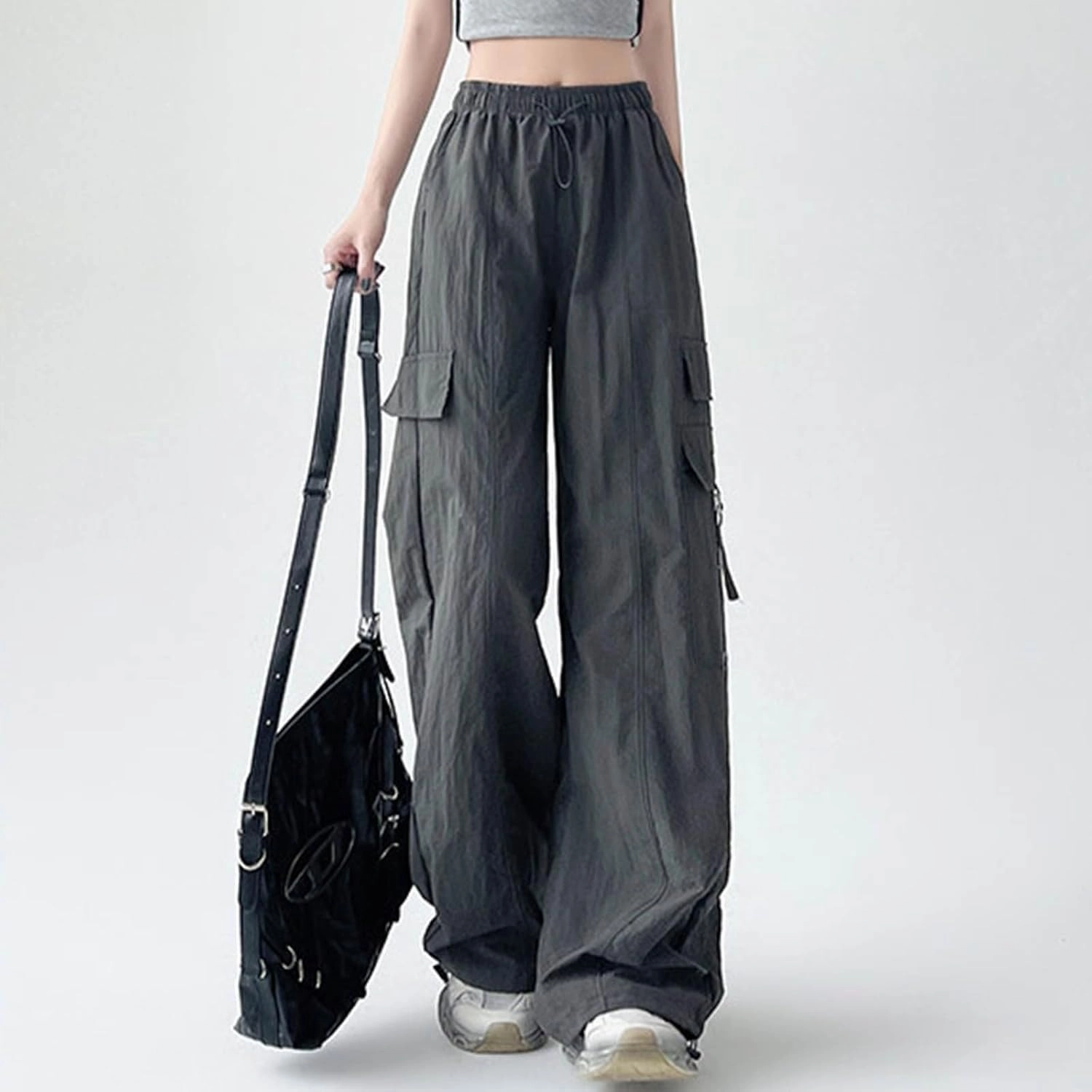 Parachute Pants for Women Wide Leg Cargo Pants Y2K Streetwear Casual Elastic Waist Hiking Trousers with Pockets