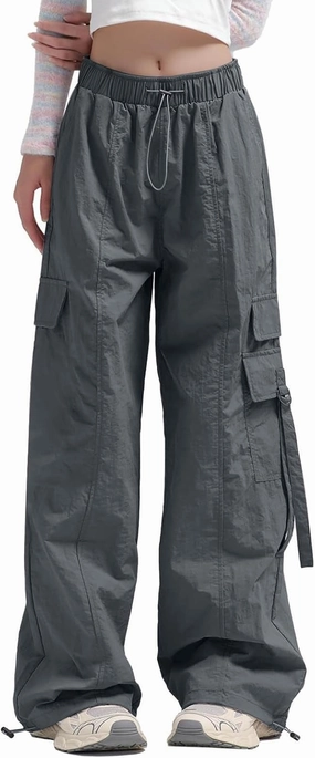 Parachute Pants for Women Wide Leg Cargo Pants Y2K Streetwear Casual Elastic Waist Hiking Trousers with Pockets