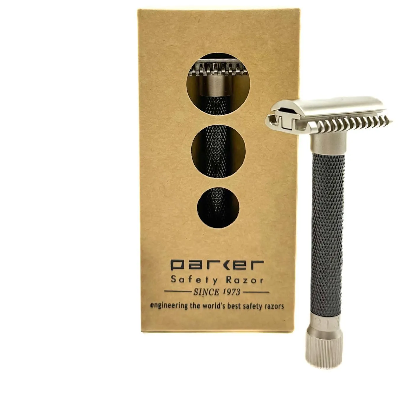 Parker THE VARIANT OPEN COMB - ADJUSTABLE Double Edge Safety Razor, Customize your Shave with a Turn of the Dial from Mild to Aggressive - 5 Blades Included (Graphite Gray)