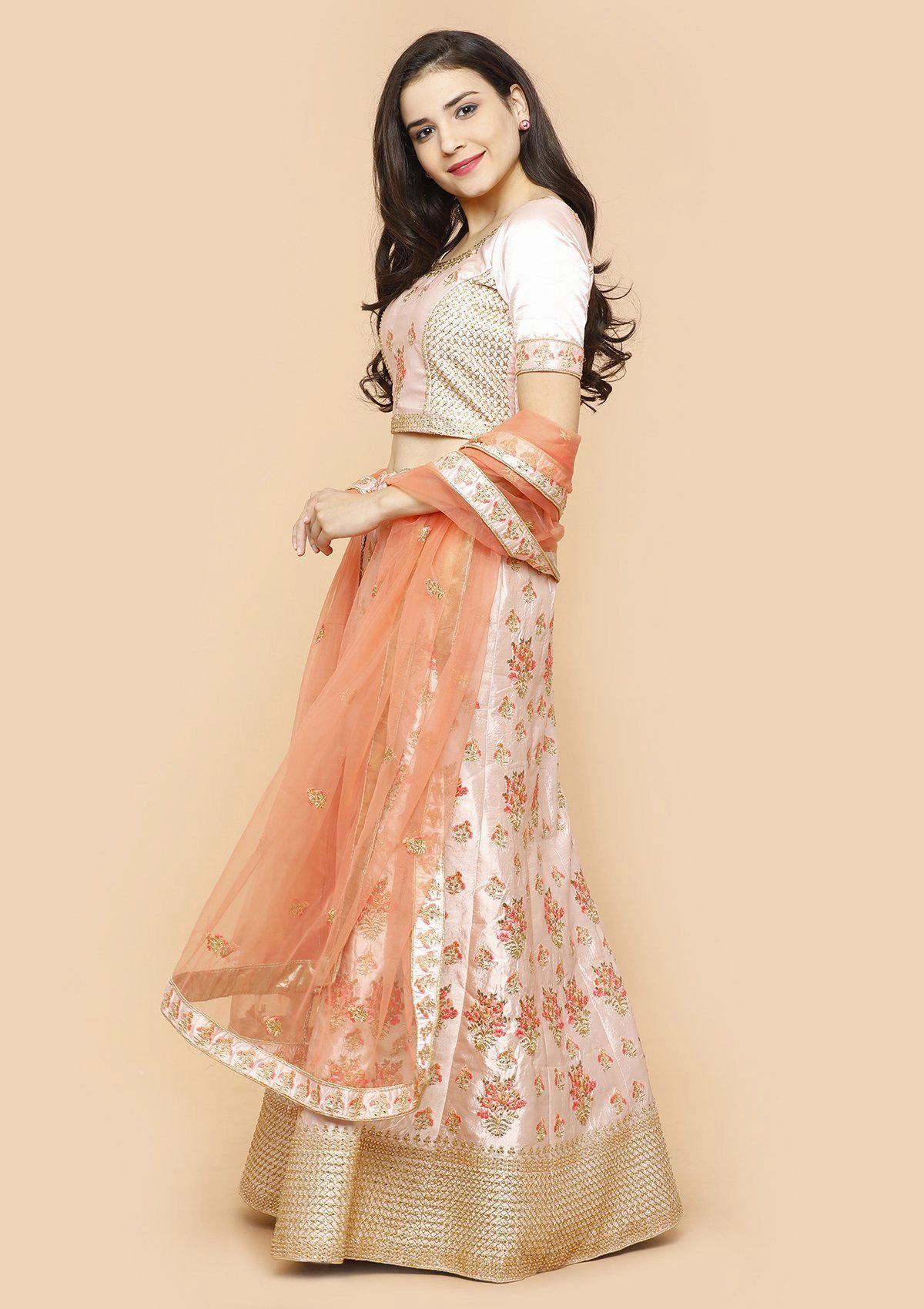Peach and Pink Silk Semi Stitched Lehenga