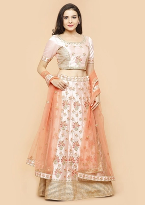 Peach and Pink Silk Semi Stitched Lehenga
