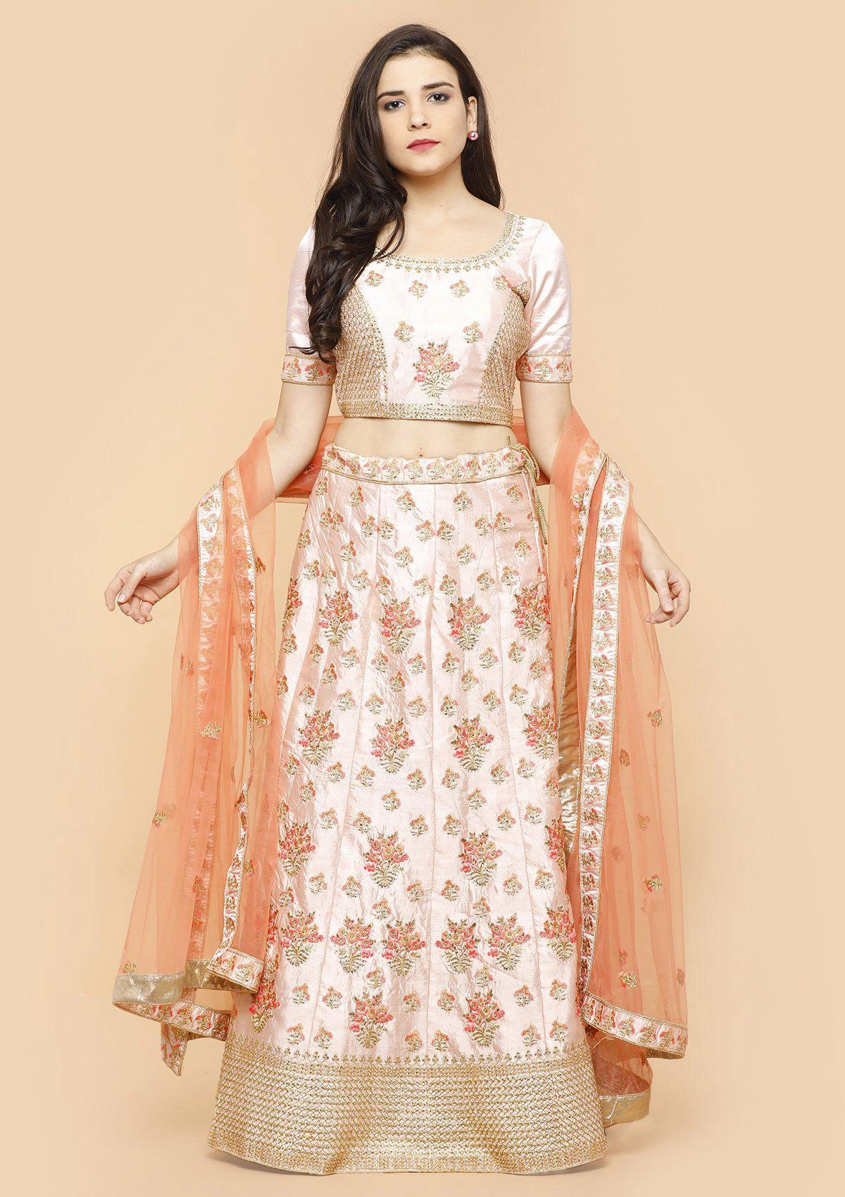 Peach and Pink Silk Semi Stitched Lehenga