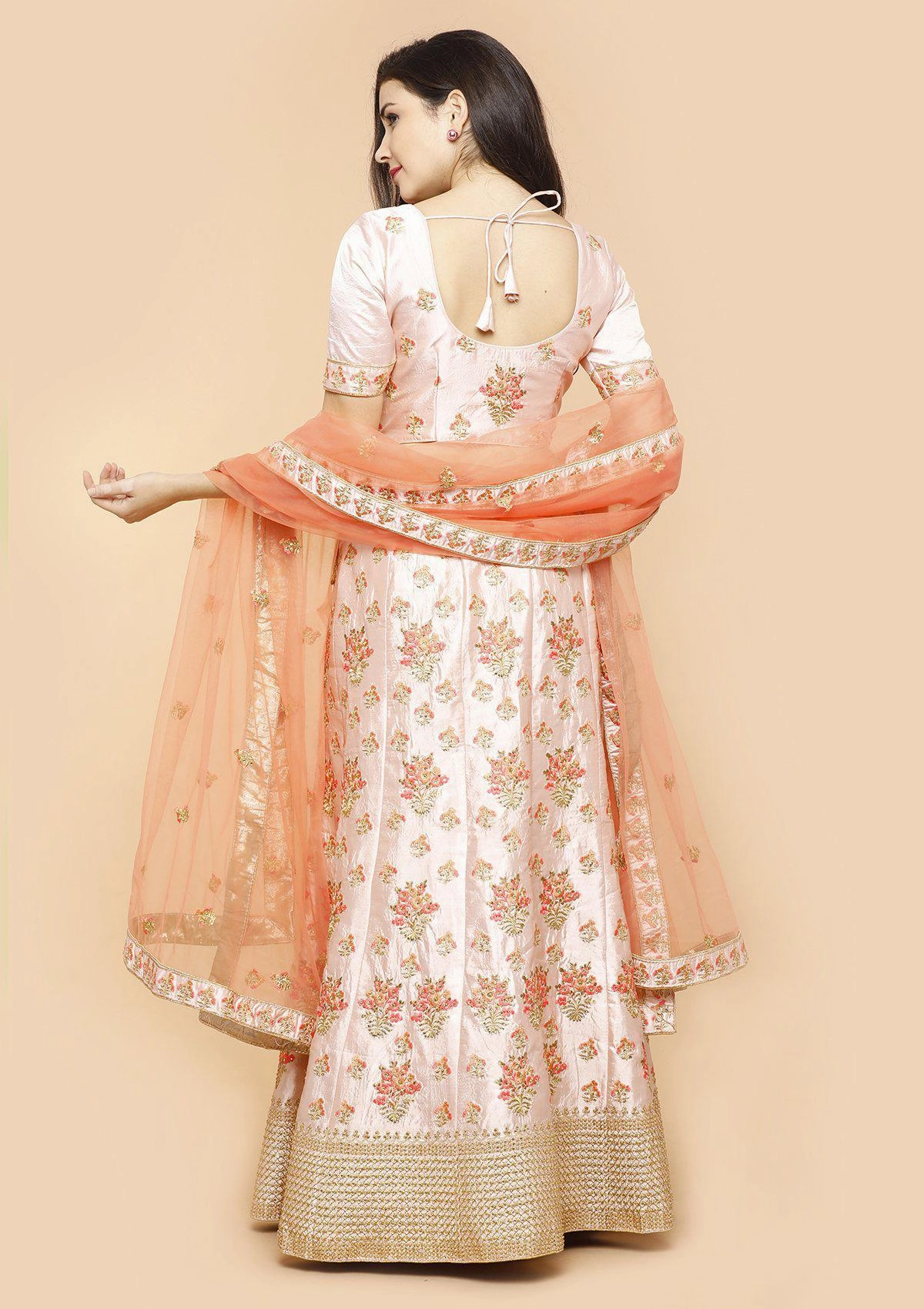 Peach and Pink Silk Semi Stitched Lehenga
