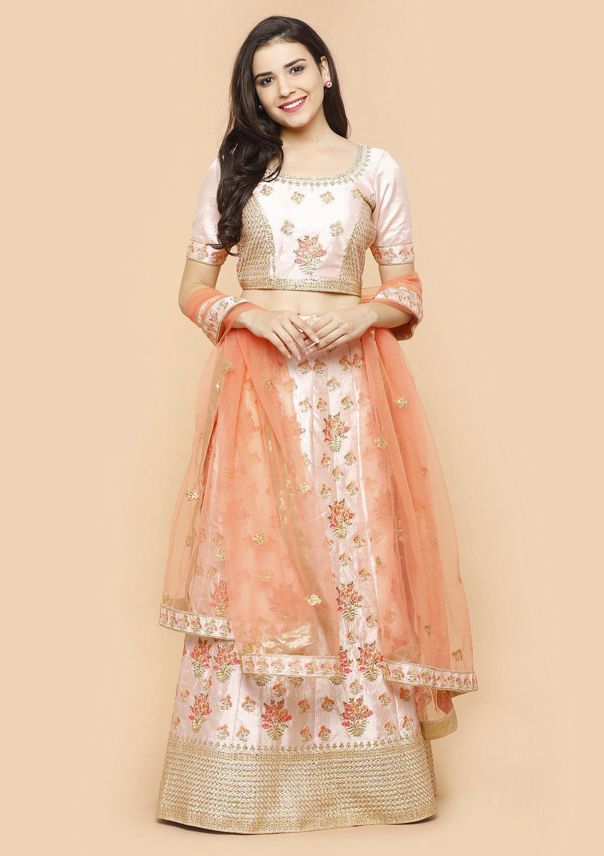 Peach and Pink Silk Semi Stitched Lehenga
