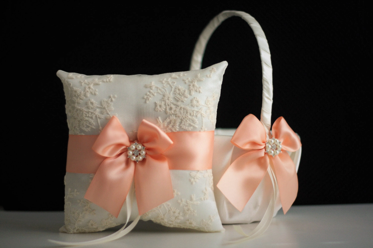 Peach Flower Girl Basket and Ring Bearer Pillow Set