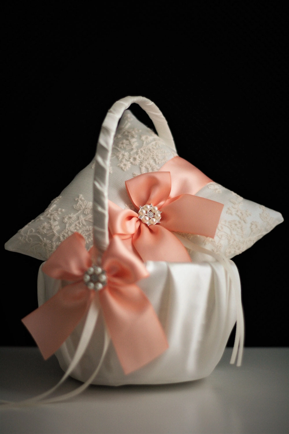 Peach Flower Girl Basket and Ring Bearer Pillow Set