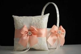 Peach Flower Girl Basket and Ring Bearer Pillow Set