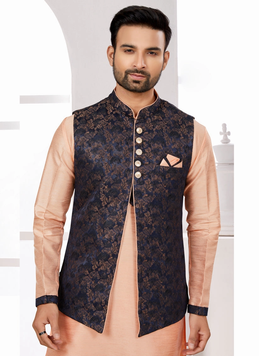 Peach Kurta Pyjama Set with Navy Blue Jacket