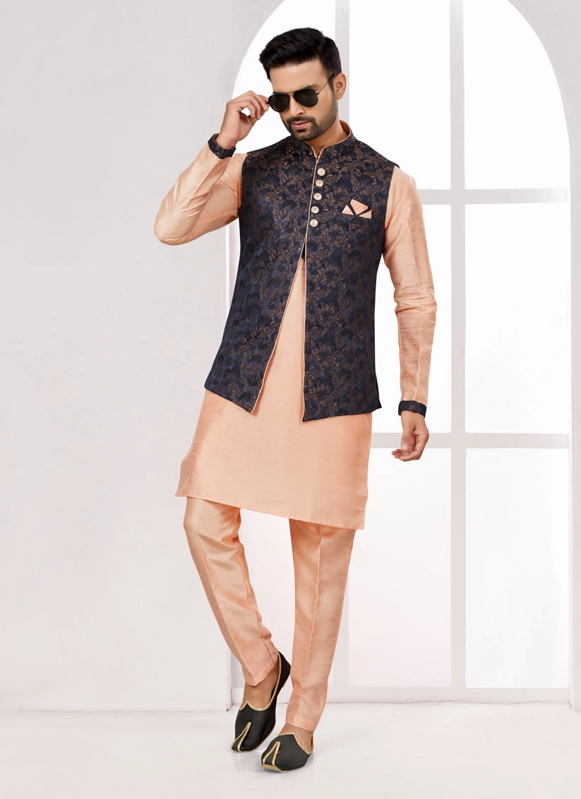 Peach Kurta Pyjama Set with Navy Blue Jacket