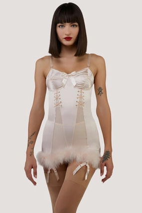 Peach Spiral Cup Feather Hem Corselette Slip