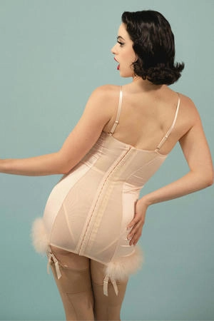 Peach Spiral Cup Feather Hem Corselette Slip