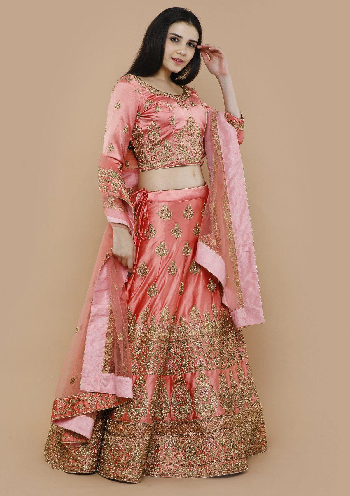 Peach Stone Work Silk Semi Stitched Lehenga