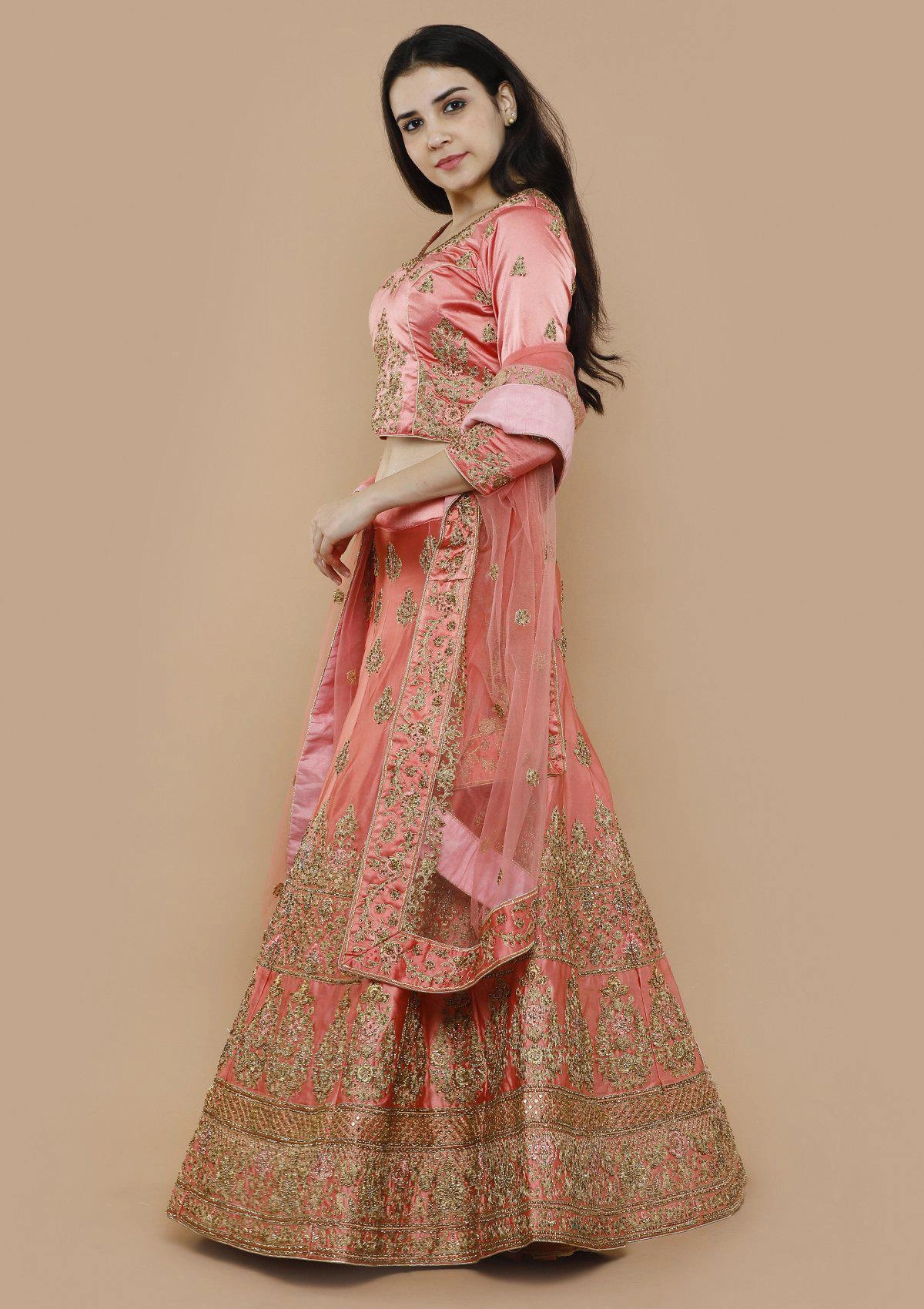 Peach Stone Work Silk Semi Stitched Lehenga
