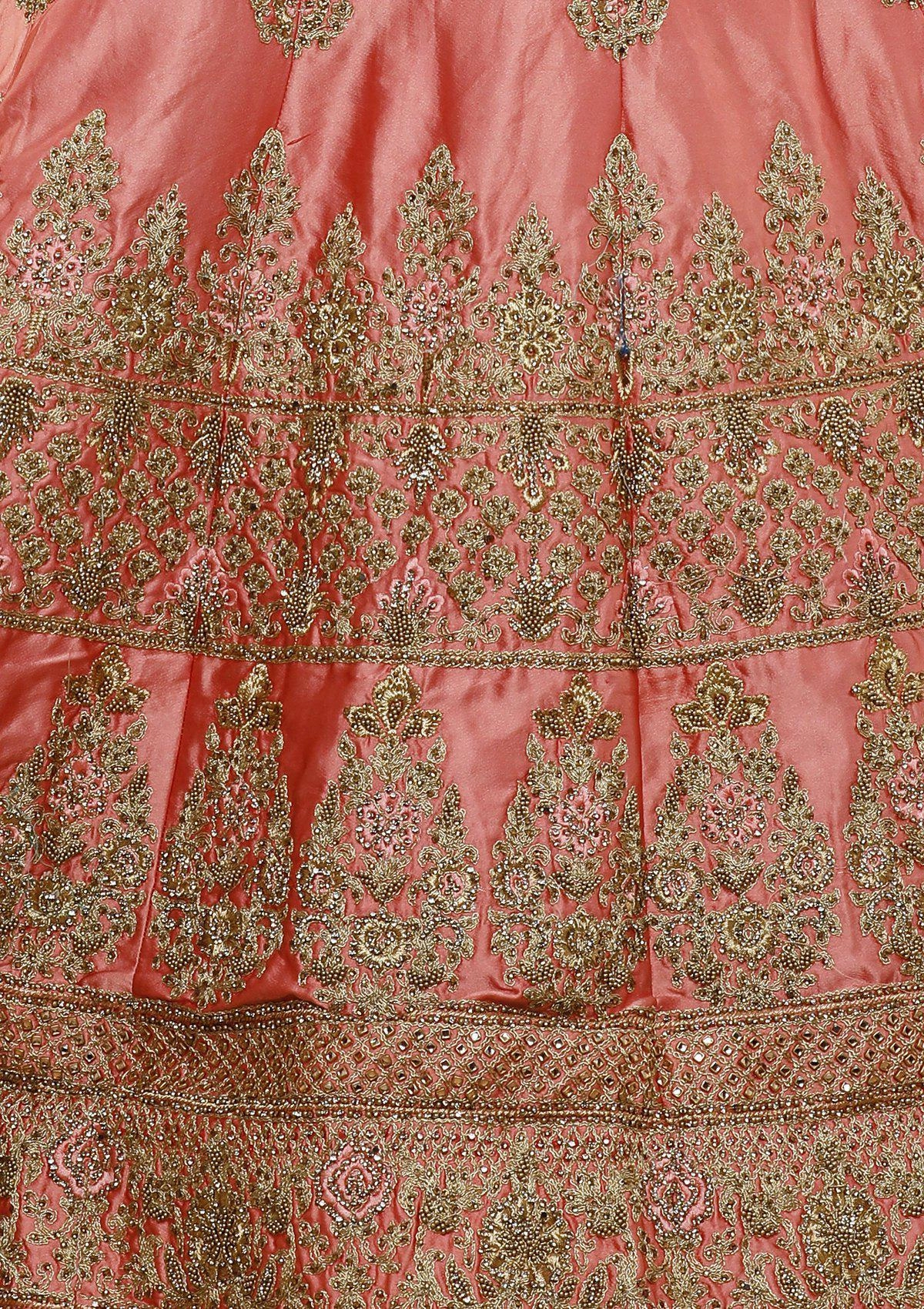 Peach Stone Work Silk Semi Stitched Lehenga