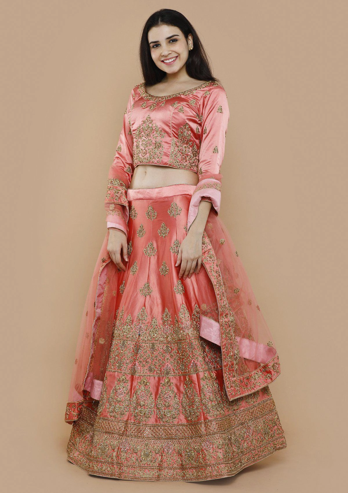 Peach Stone Work Silk Semi Stitched Lehenga