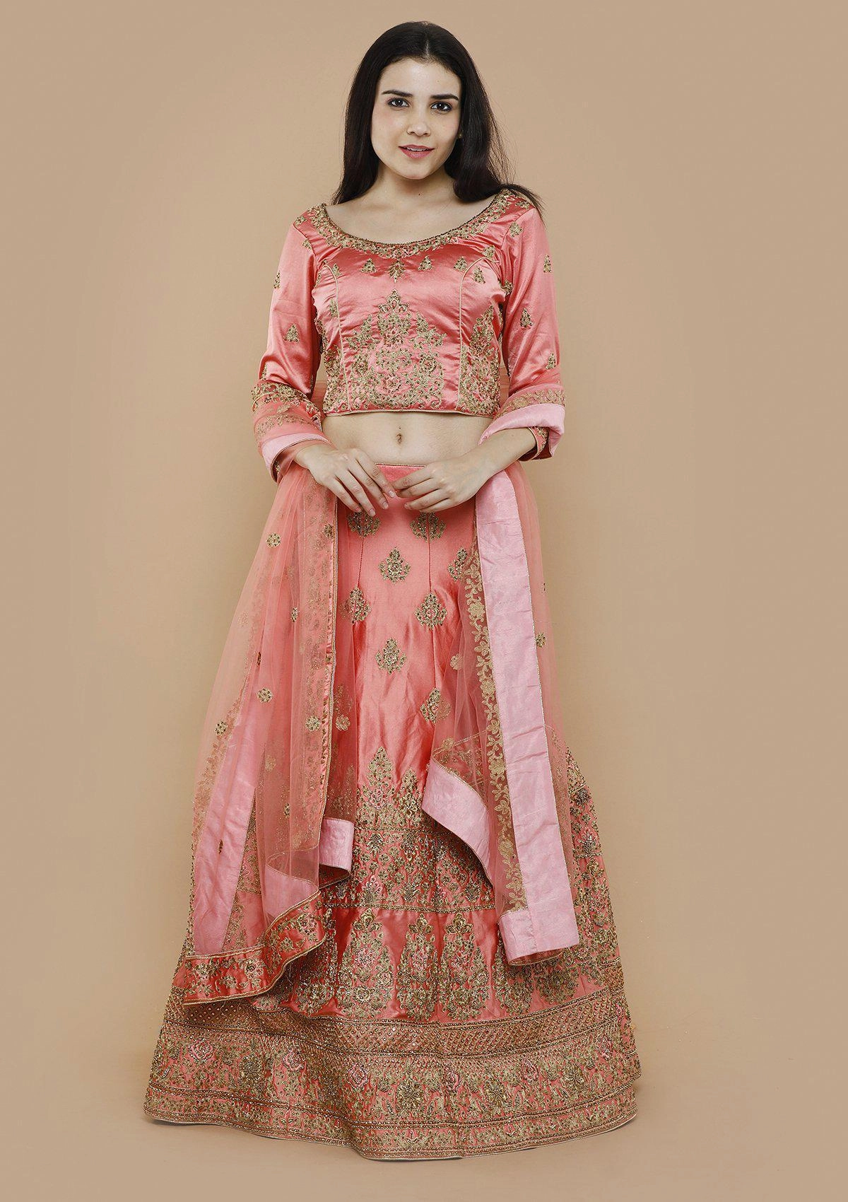 Peach Stone Work Silk Semi Stitched Lehenga