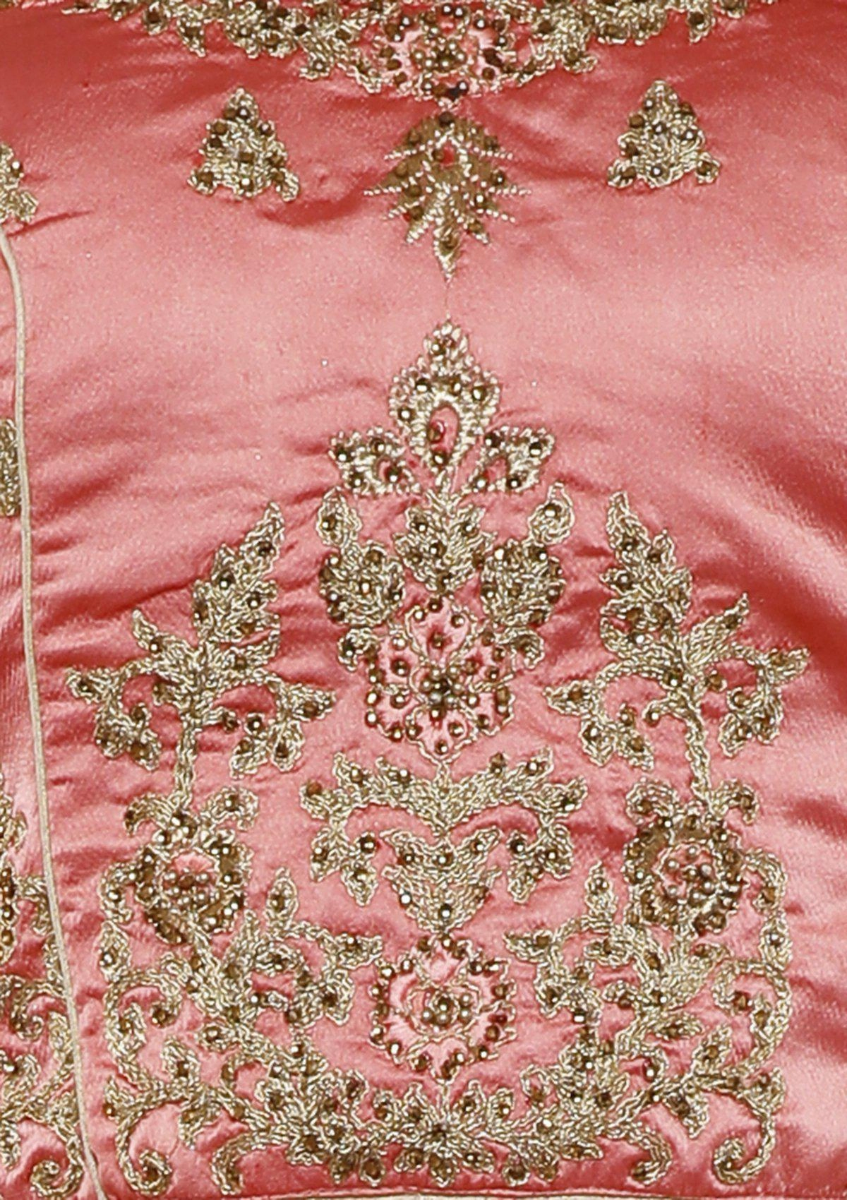 Peach Stone Work Silk Semi Stitched Lehenga