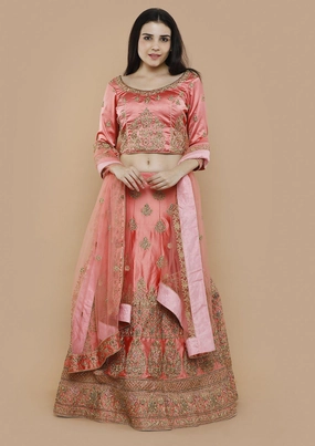 Peach Stone Work Silk Semi Stitched Lehenga