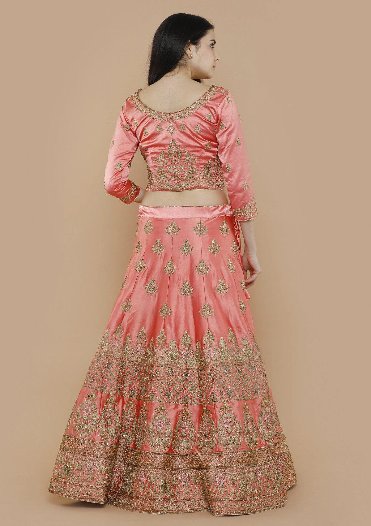 Peach Stone Work Silk Semi Stitched Lehenga