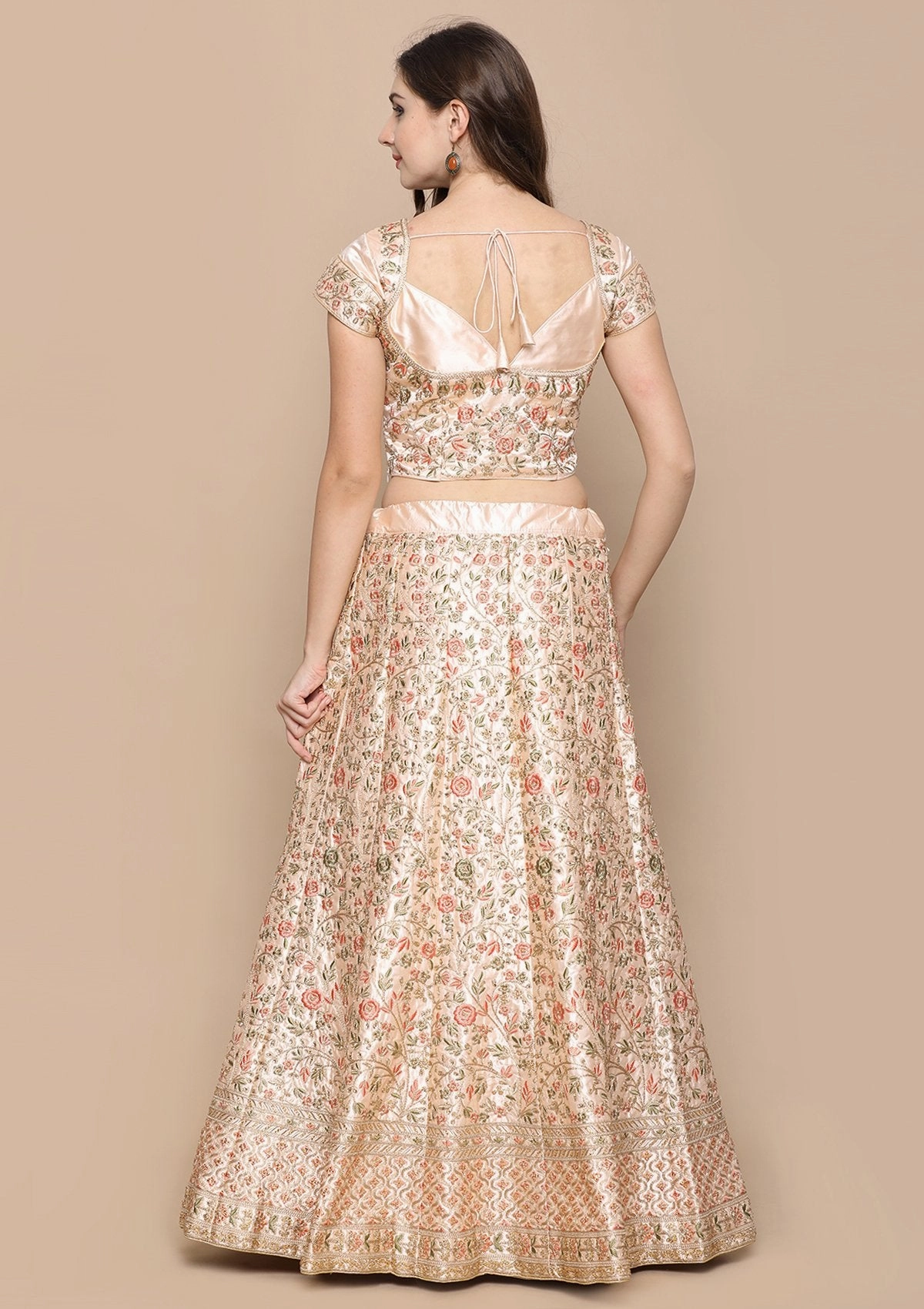 Peach Stone Work Tafetta Semi Stitched Lehenga