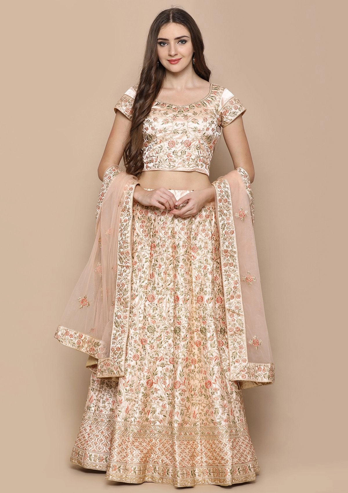 Peach Stone Work Tafetta Semi Stitched Lehenga