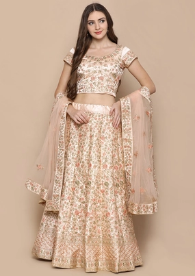 Peach Stone Work Tafetta Semi Stitched Lehenga