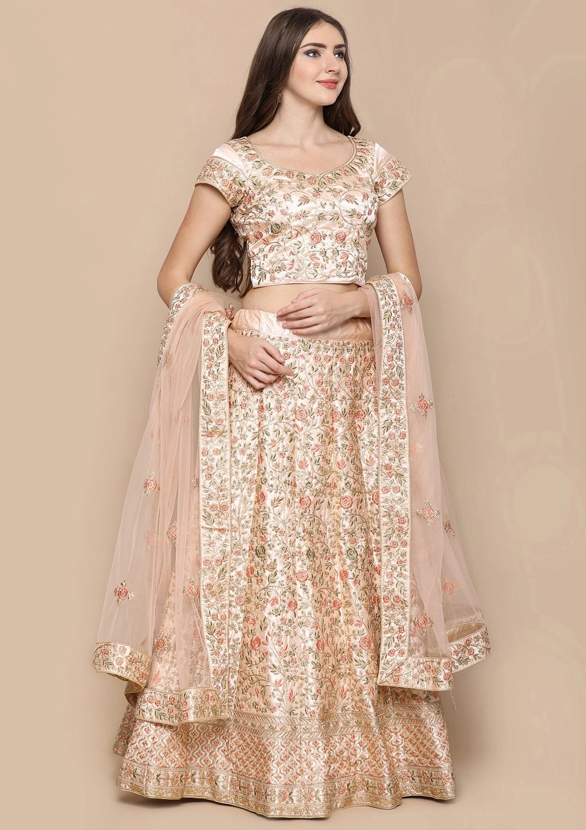 Peach Stone Work Tafetta Semi Stitched Lehenga