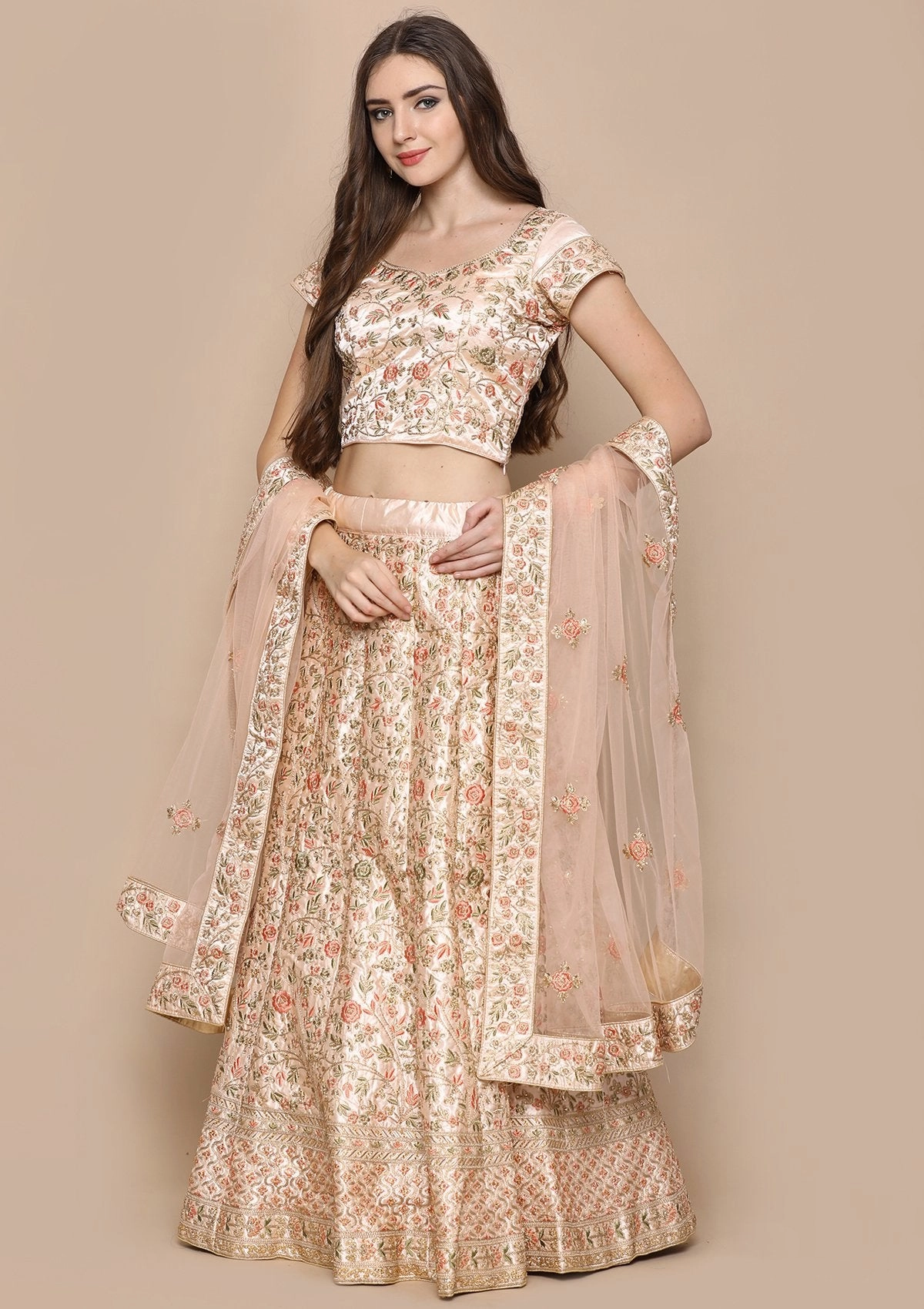 Peach Stone Work Tafetta Semi Stitched Lehenga