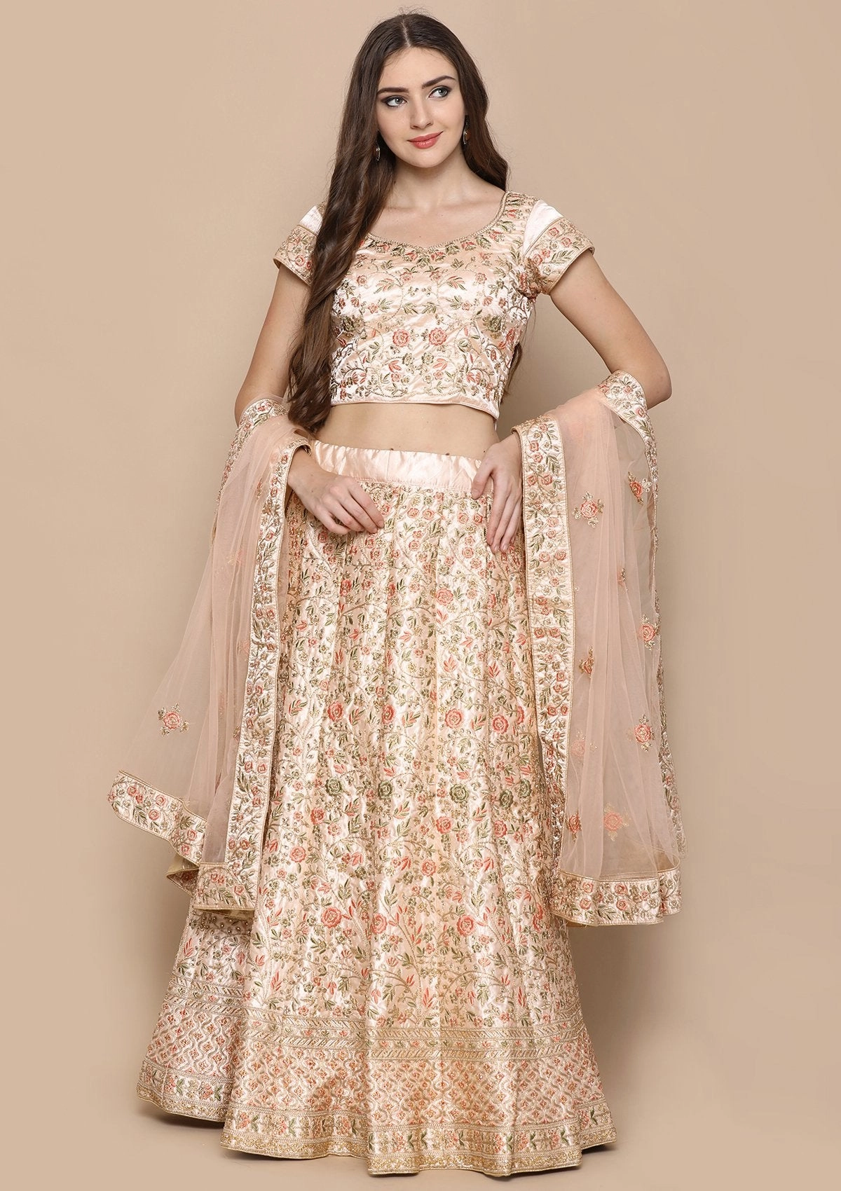 Peach Stone Work Tafetta Semi Stitched Lehenga