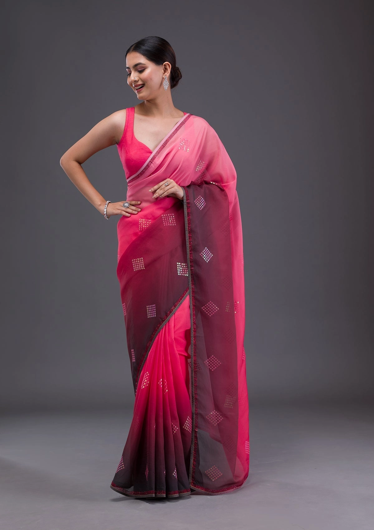 Peach Swarovski Satin Saree