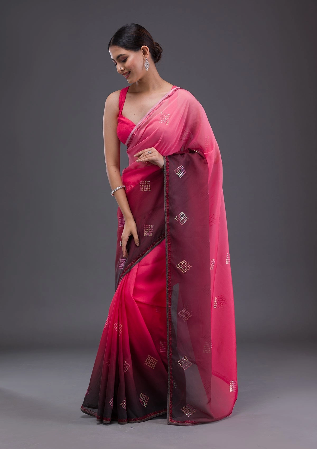 Peach Swarovski Satin Saree