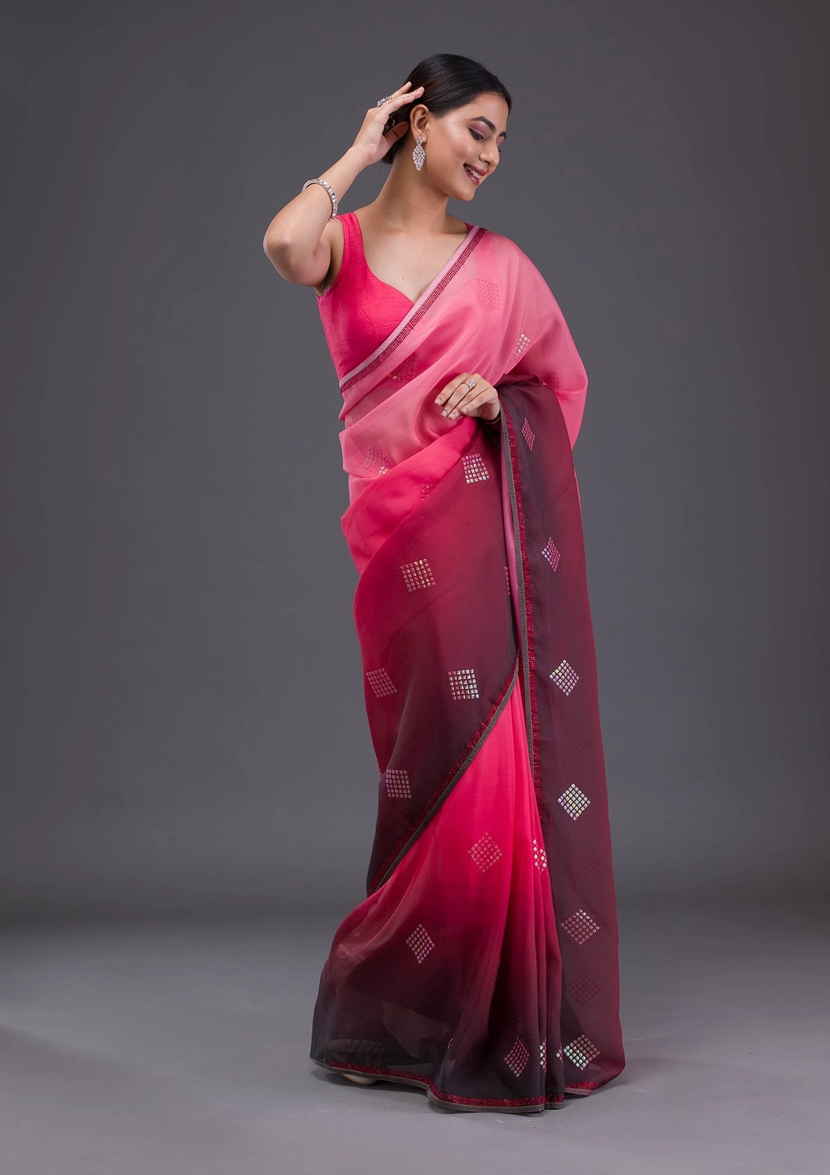 Peach Swarovski Satin Saree