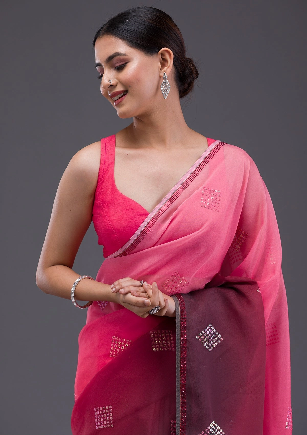 Peach Swarovski Satin Saree