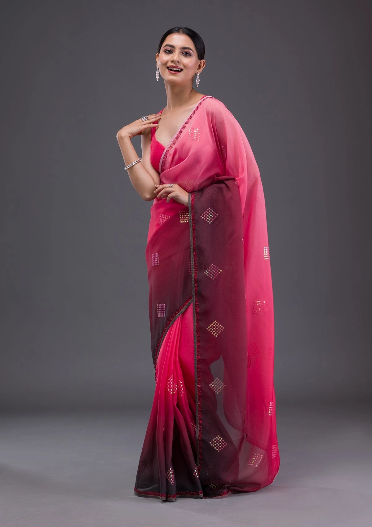 Peach Swarovski Satin Saree