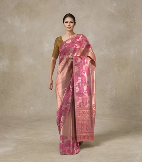 Peach Woven Blended Tissue Satin Saree With Meenakari Floral Motifs-Peach