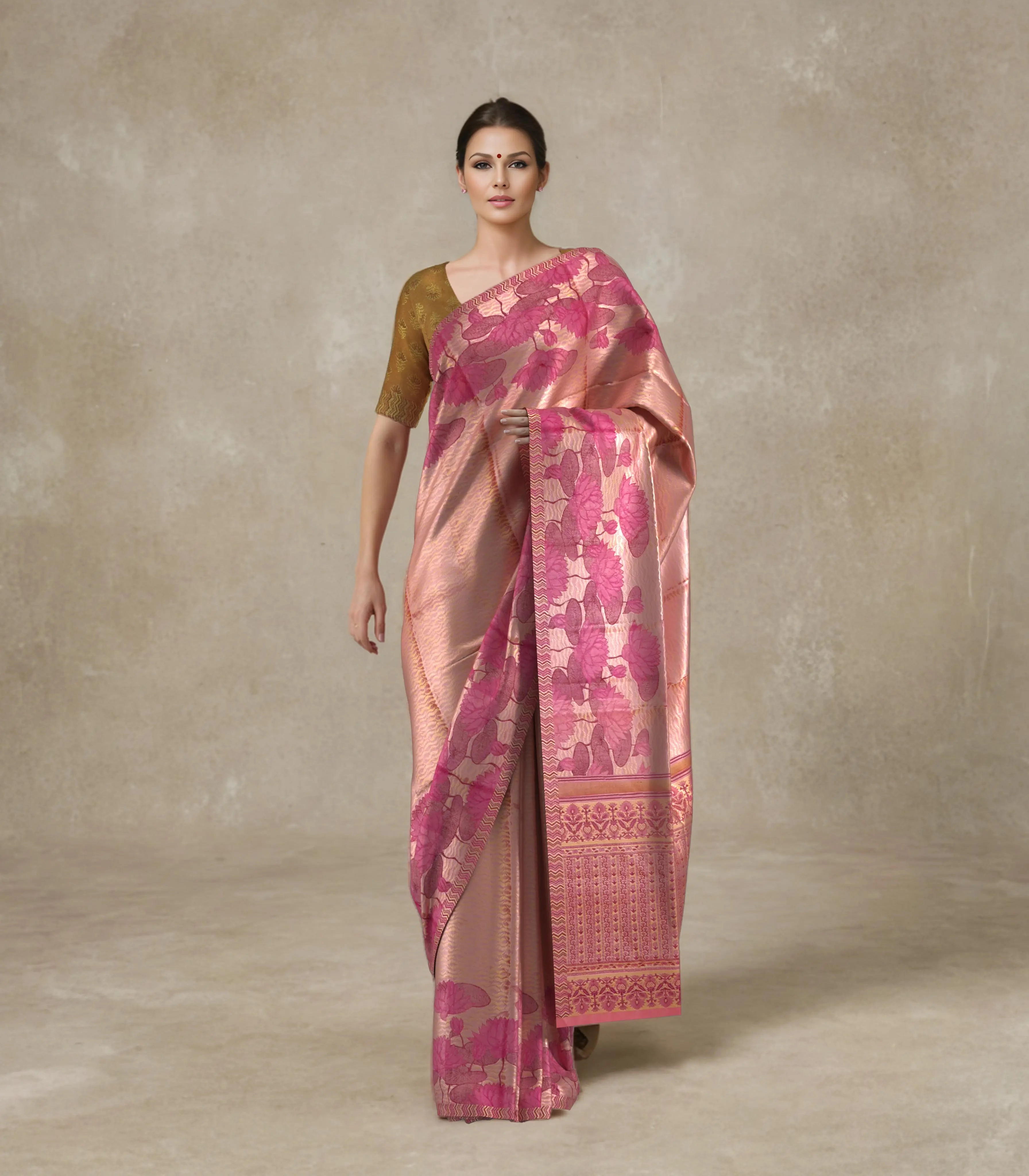 Peach Woven Blended Tissue Satin Saree With Meenakari Floral Motifs-Peach