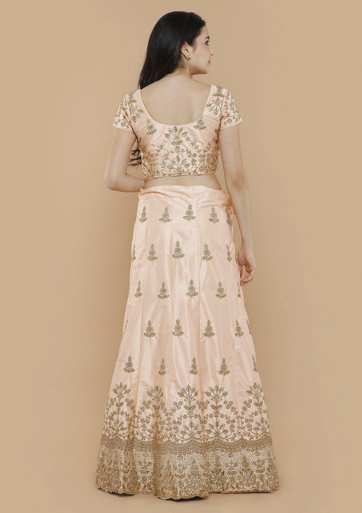 Peach Zariwork Silk Semi Stitched Lehenga