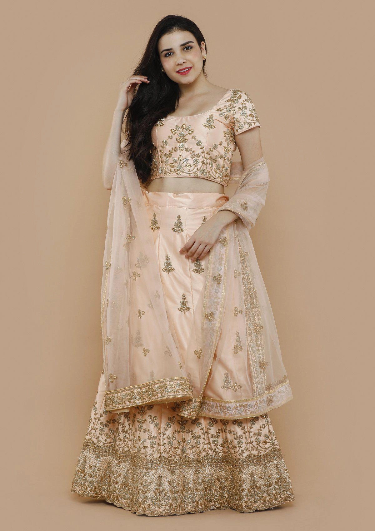 Peach Zariwork Silk Semi Stitched Lehenga