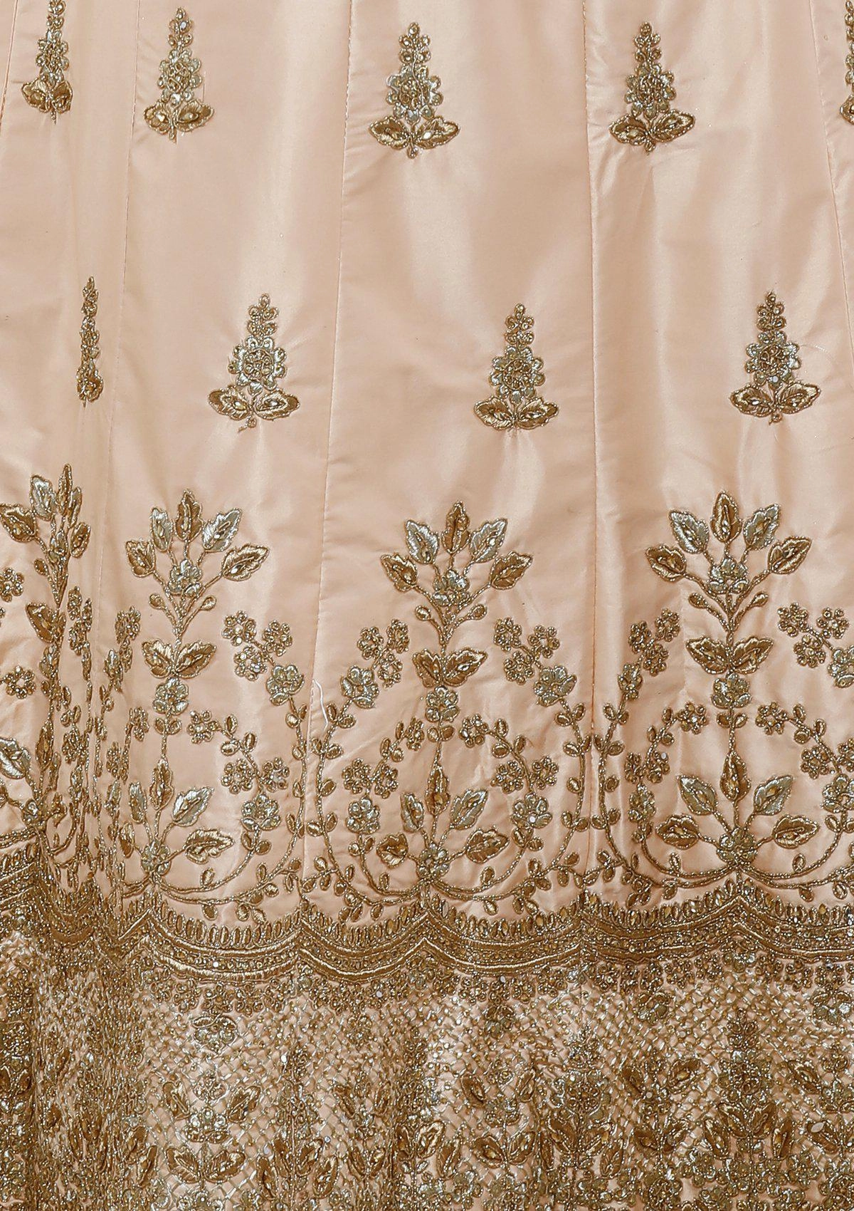 Peach Zariwork Silk Semi Stitched Lehenga