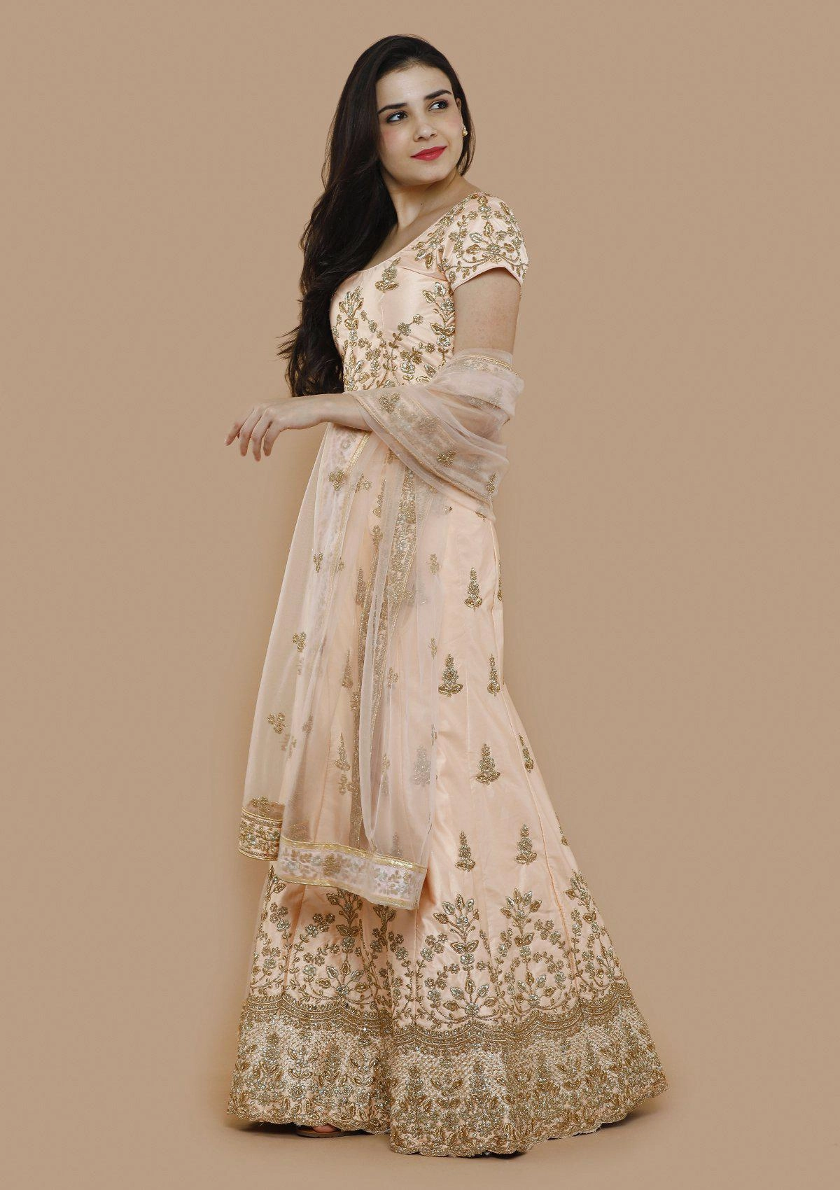 Peach Zariwork Silk Semi Stitched Lehenga