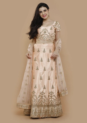 Peach Zariwork Silk Semi Stitched Lehenga