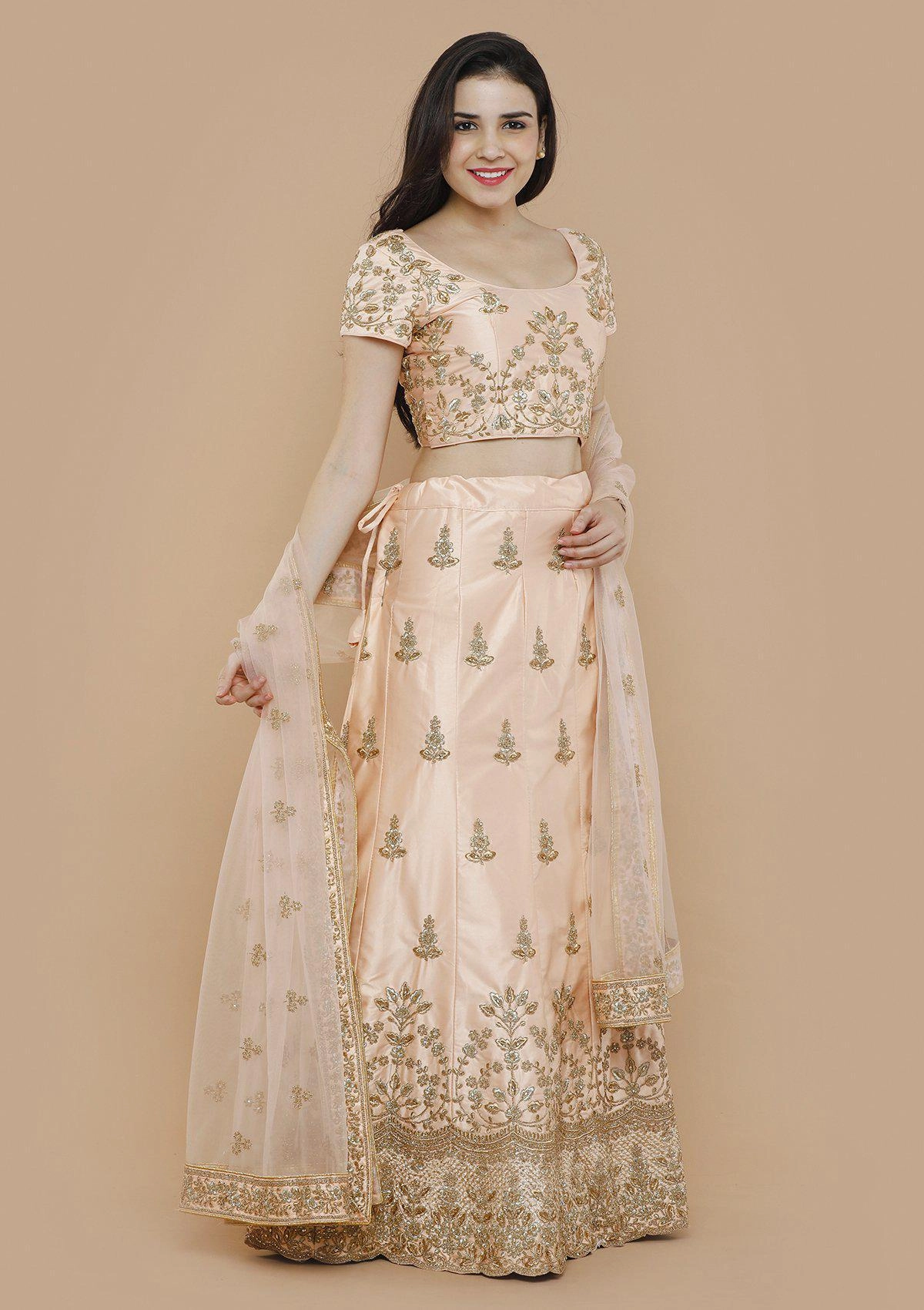 Peach Zariwork Silk Semi Stitched Lehenga